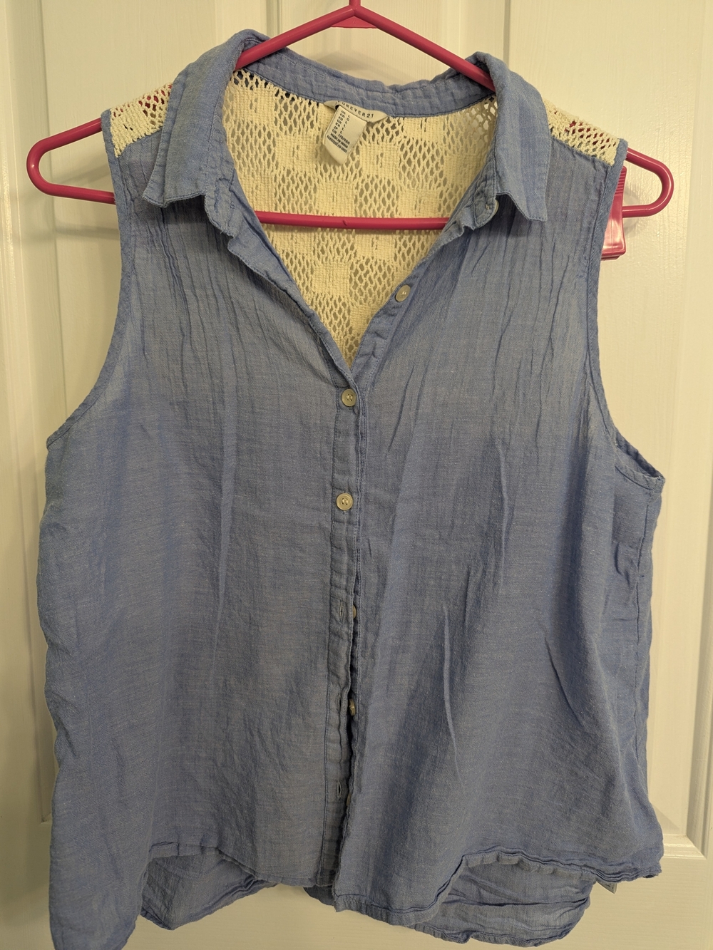 Forever 21 Light Blue Sleeveless Button-Down Top with Lace Back